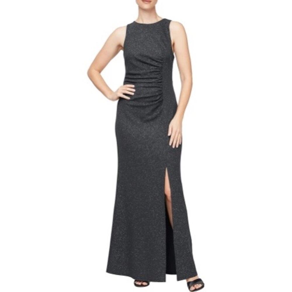 new SLNY Size 8 Glitter Gray Sleeveless Ruched Slit Metallic Long Evening Dress